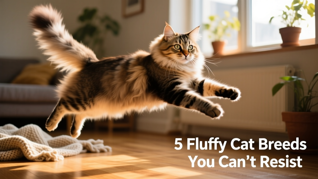 A playful Siberian cat mid-leap, capturing the full fluff of its tail and leg feathers in motion