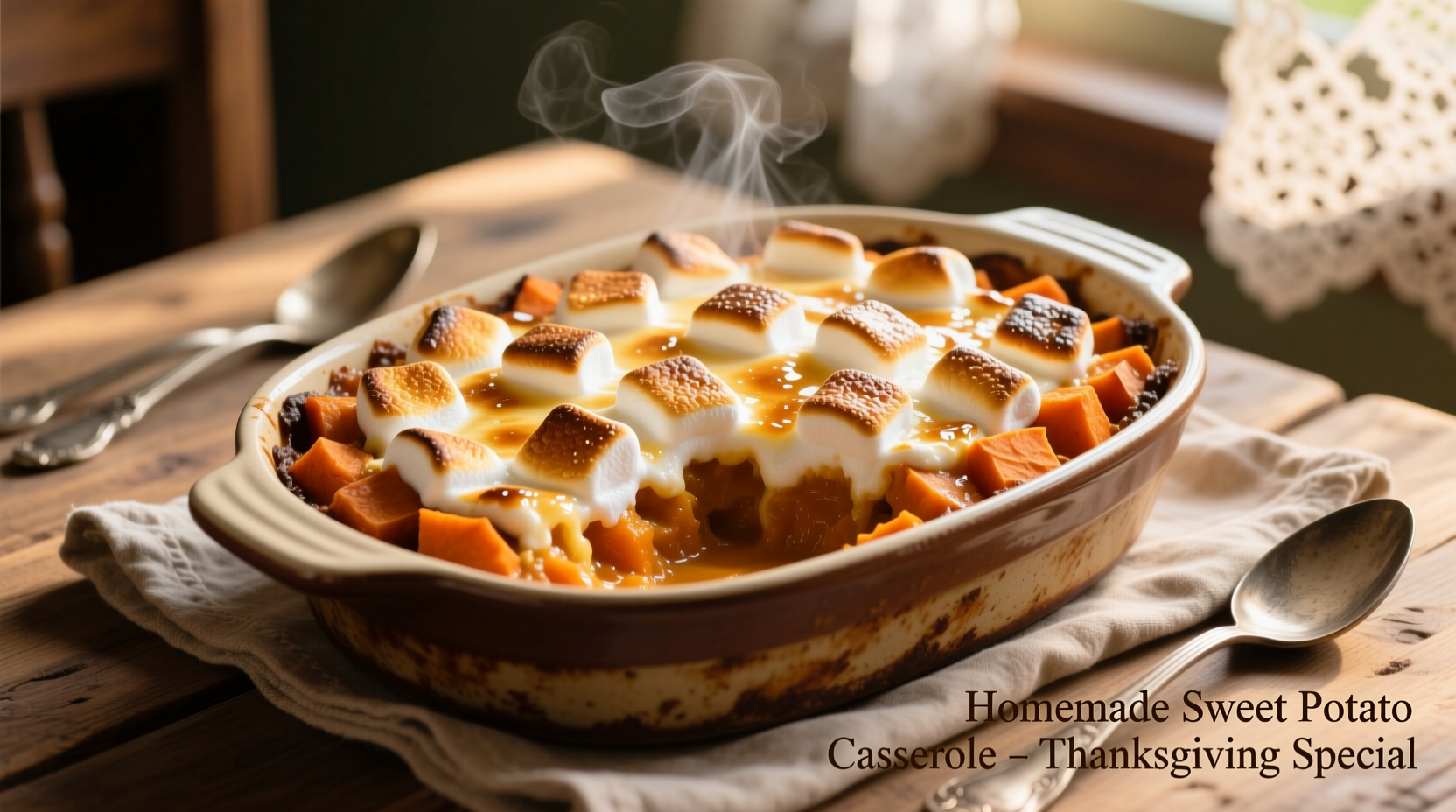 Golden-brown sweet potato casserole with toasted marshmallows