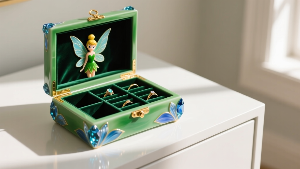 Painted resin Tinkerbell jewelry box open on a dresser, soft light highlighting velvet compartments and ring storage slots inside