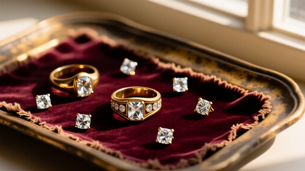 Overhead shot of tarnished brass fashion rings and cubic zirconia studs resting on a worn velvet tray in warm, moody lighting