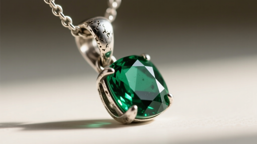 Macro photography of a tarnished 925 silver necklace prong lifting away from a faceted emerald edge, highlighting metal wear.