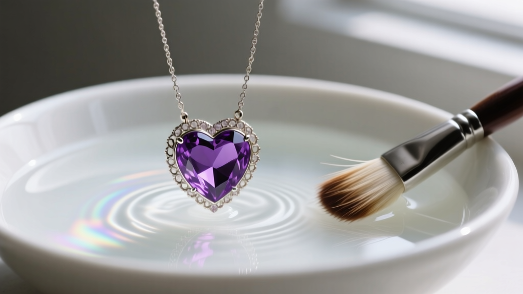 Cloudy amethyst heart necklace submerged in mild soapy water, with a soft horsehair brush resting next to a small white bowl.