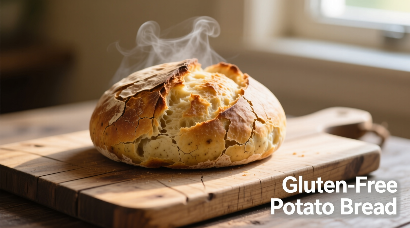 Freshly baked gluten free potato bread on wooden cutting board