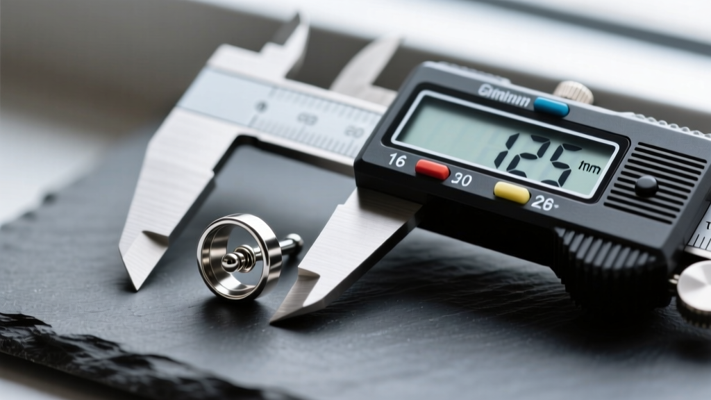 Close-up of a 16-gauge titanium labret earring beside a digital caliper measuring 1.2mm thickness on a dark slate surface.
