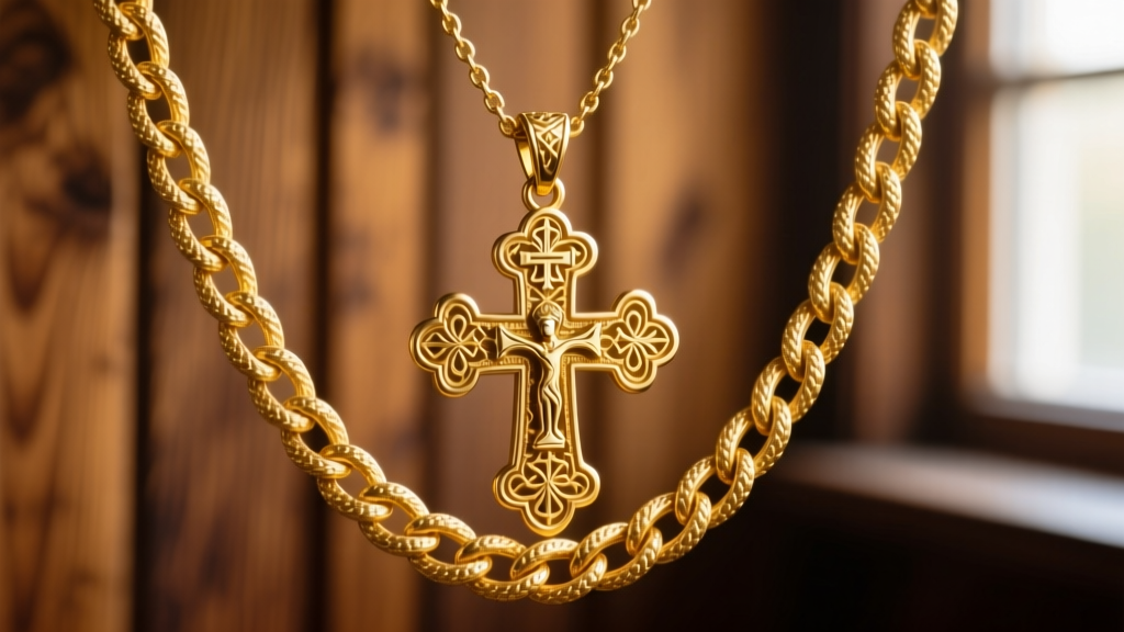 Macro photography of a thick 14k yellow gold Byzantine chain holding a large ornate Slavic cross pendant against blurred wood.
