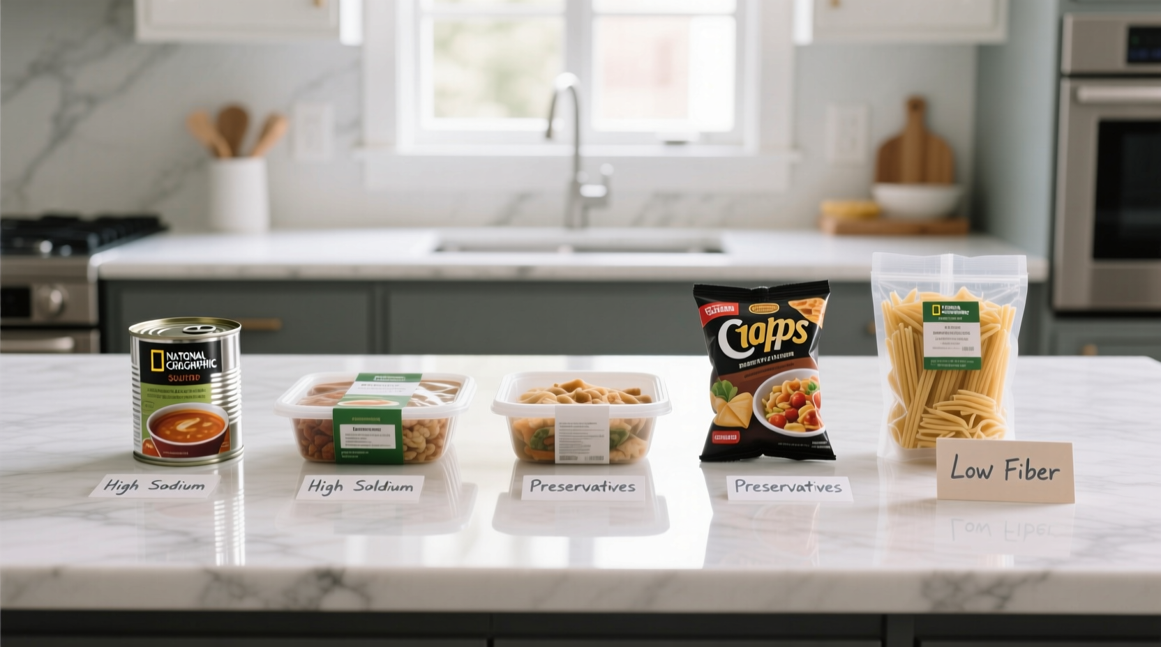 Comparison of processed food categories on kitchen counter