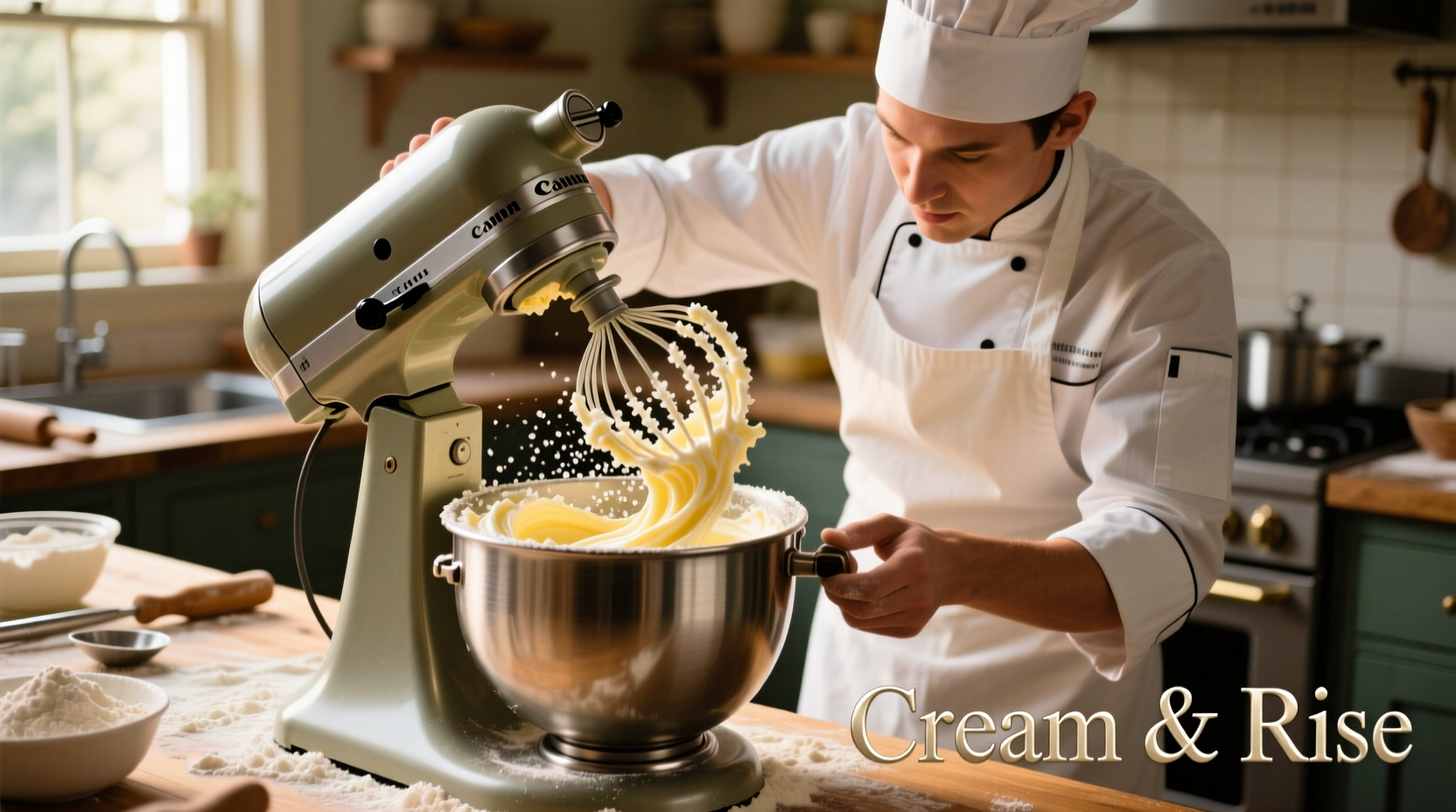 Professional baker creaming butter and sugar in stand mixer