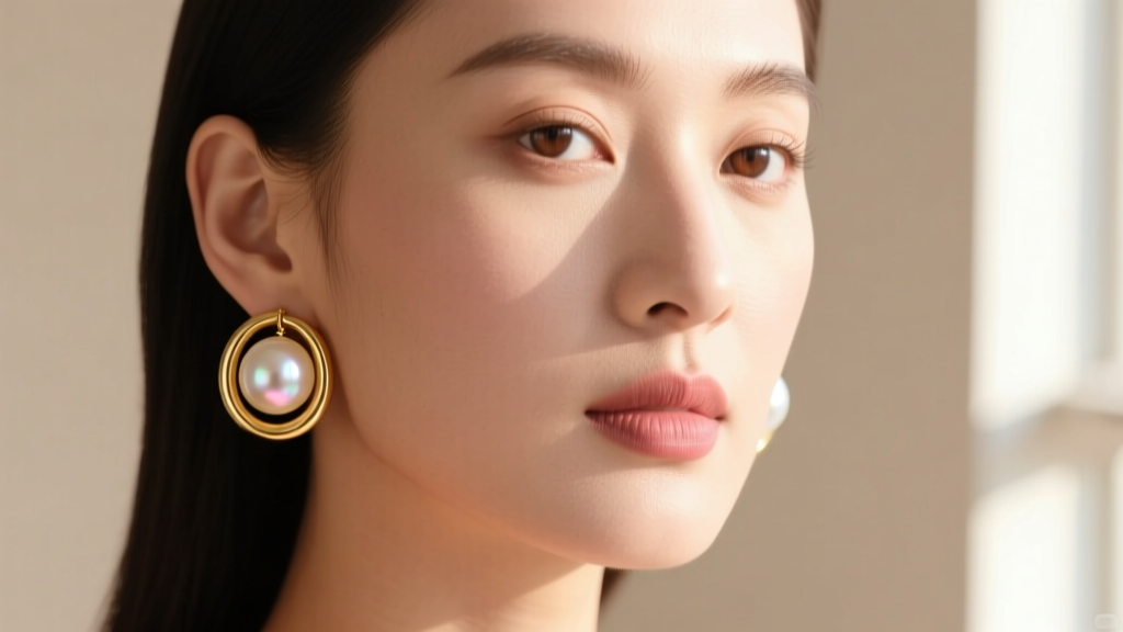 Close-up portrait of a woman wearing medium 18k gold pearl hoop earrings, highlighting the pearl luster against warm skin.