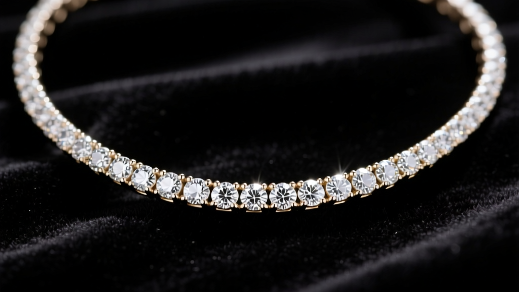 Macro shot of a 14k white gold channel-set diamond necklace on dark velvet, showing seamless metal rails and round stones.