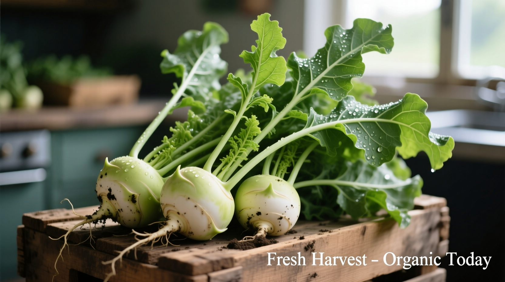 Fresh kohlrabi bulbs with green leaves