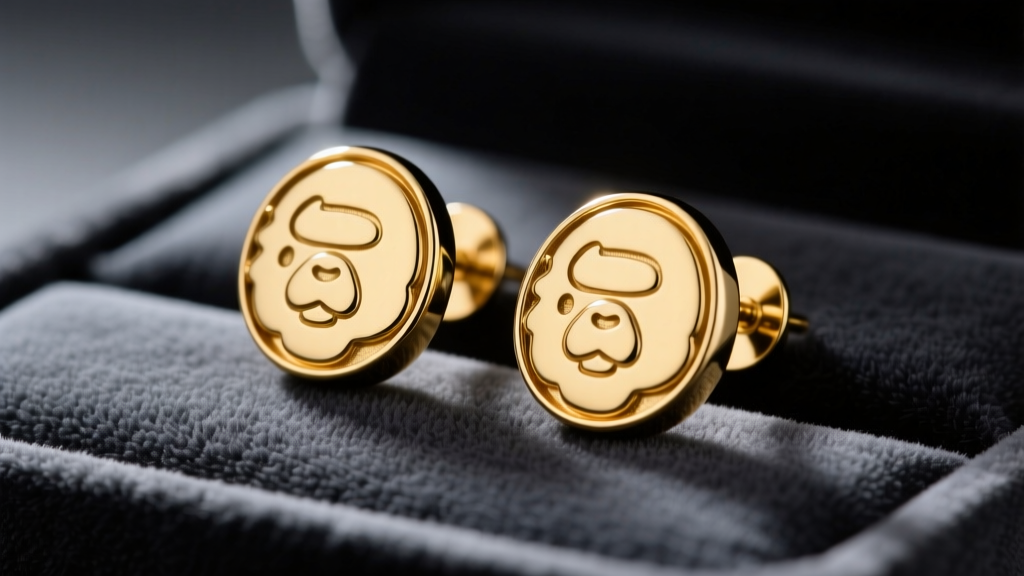 Macro shot of gold-plated brass Bape earrings with Baby Milo motif resting on dark charcoal velvet under bright studio lighting