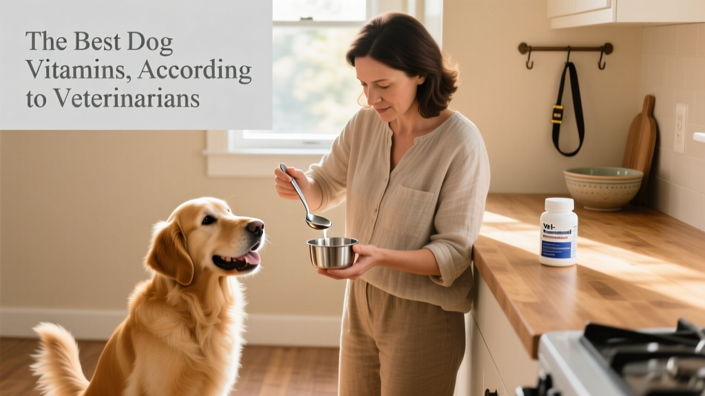Dog owner measuring liquid supplement into a spoon while their dog watches eagerly nearby