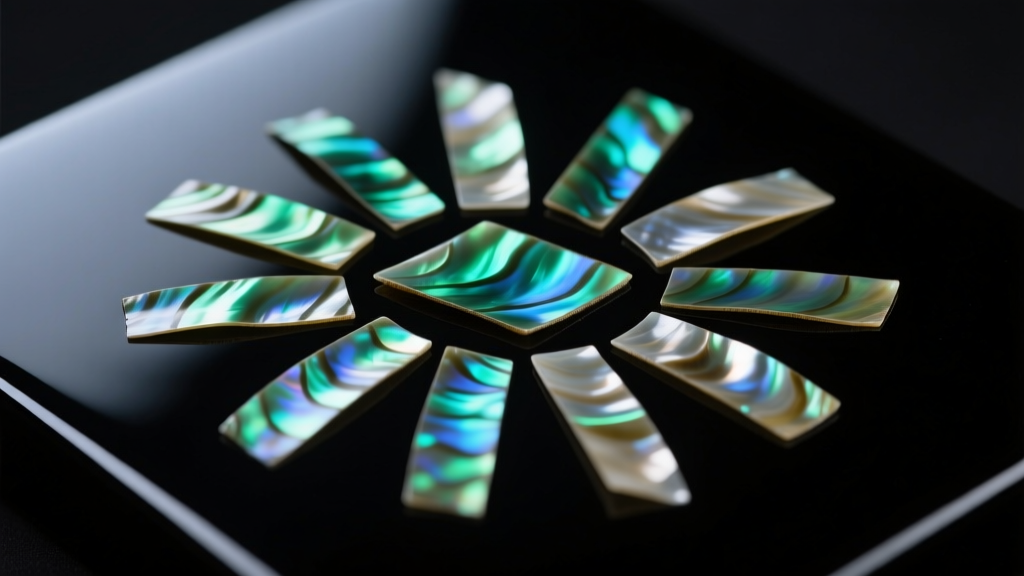 Close-up of thin abalone shell strips inlaid into black lacquer revealing iridescent green and blue hues under studio lighting.
