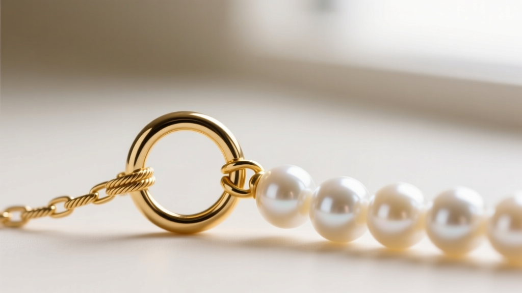 Macro shot of a 20-gauge soldered gold jump ring connecting a white Akoya pearl strand to a delicate 14k gold cable chain link.