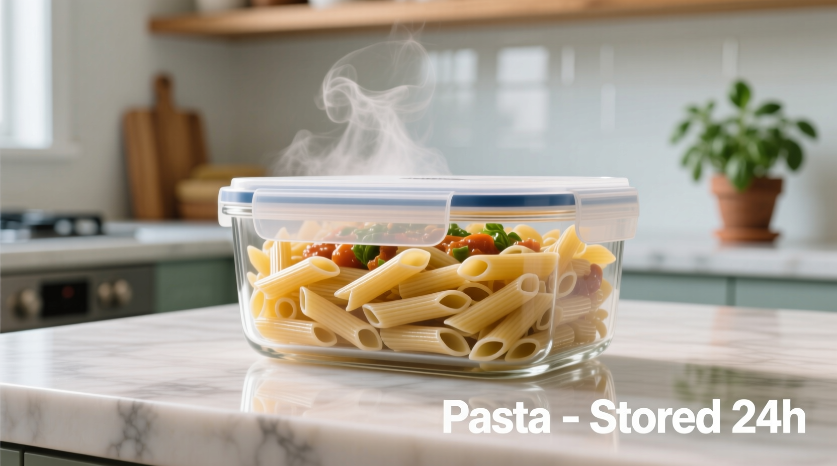 Properly stored cooked pasta in airtight glass container
