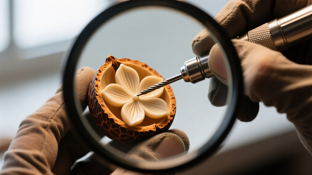 Jeweler carving a petal on a tagua nut ivory substitute with a micro-bur, viewed through a jeweler's loupe in bright studio light