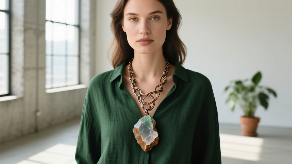 Woman wearing a handmade wire-wrapped raw quartz necklace with a rock pendant over a dark green linen shirt in natural light.