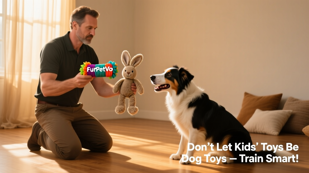 A trainer kneeling beside a dog, holding a FurPetVo dog toy in one hand and a child's stuffed animal in the other, demonstrating the 'take it' cue