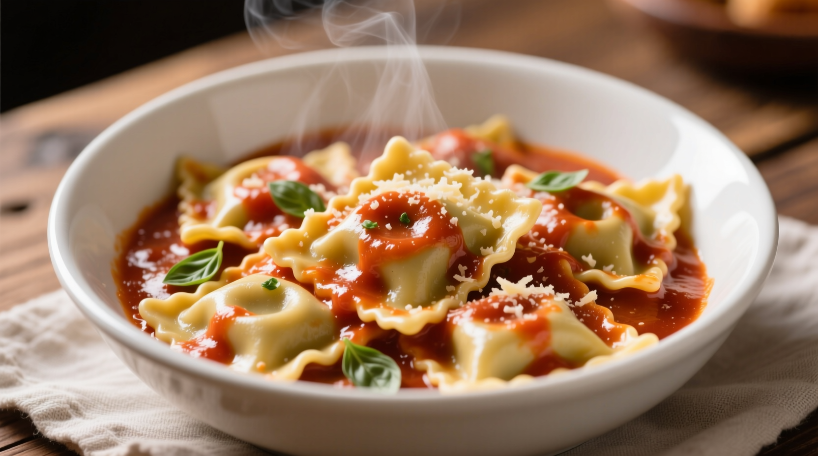 Creamy tomato sauce coating homemade ravioli in white bowl