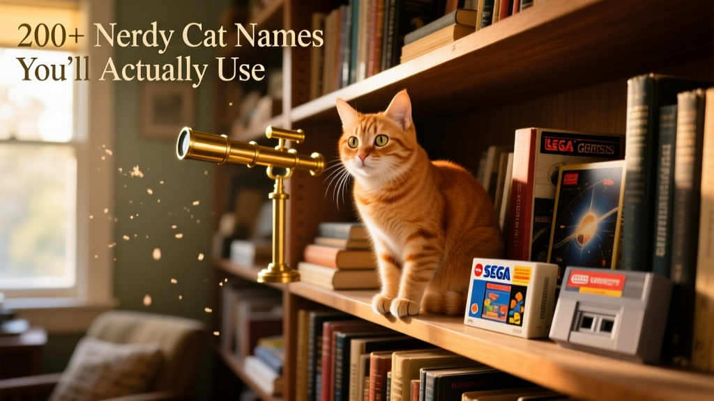A curious ginger cat sitting on a bookshelf stacked with sci-fi novels, vintage video game cartridges, and a small telescope