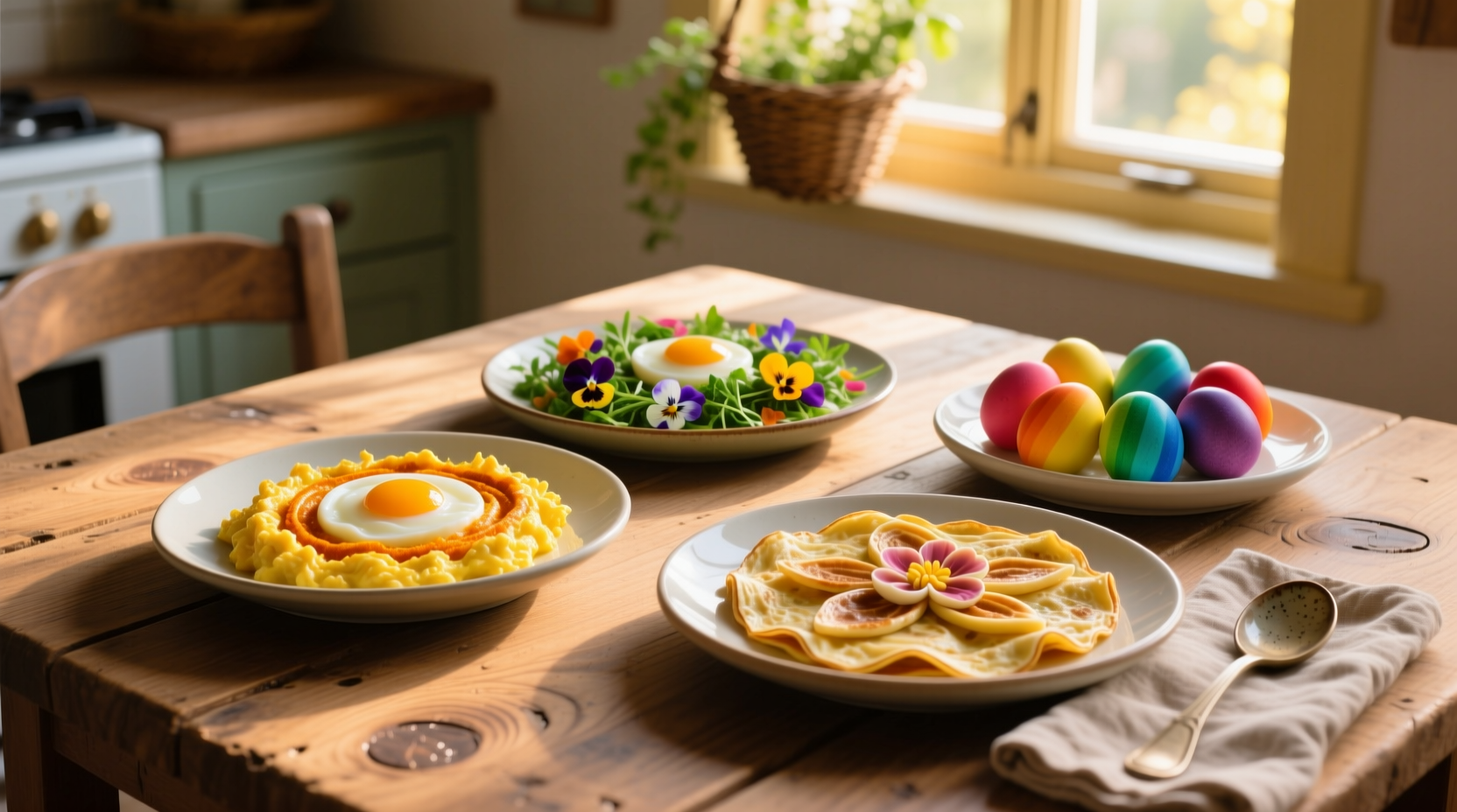 Colorful egg dishes on wooden table