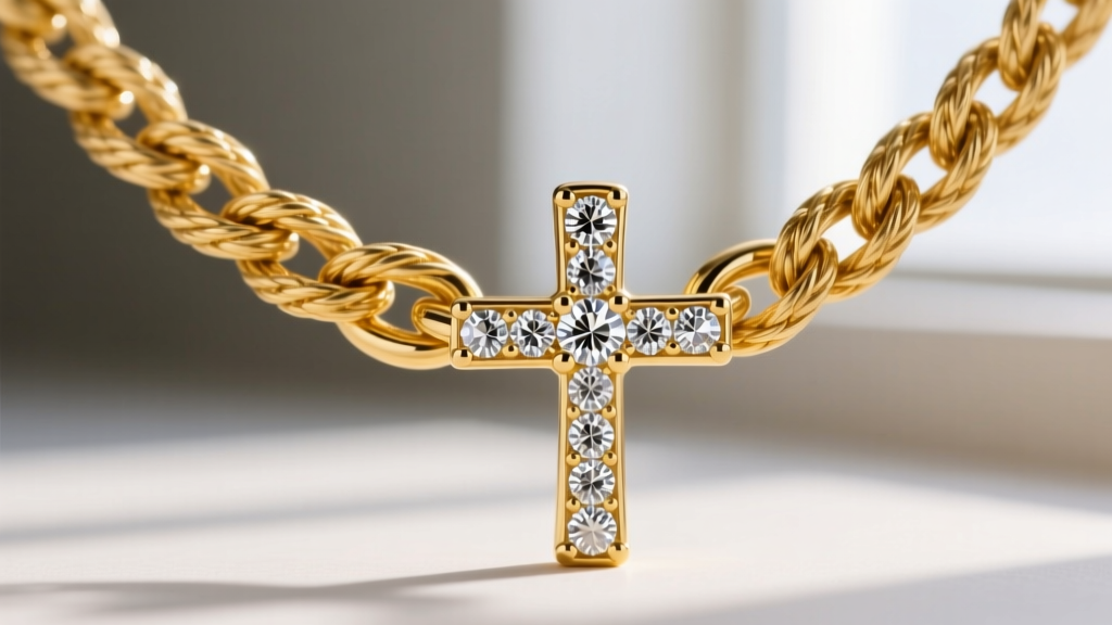 Macro shot of thick 5mm 14k yellow gold rope chain threading through heavy diamond cross bail highlighting metal