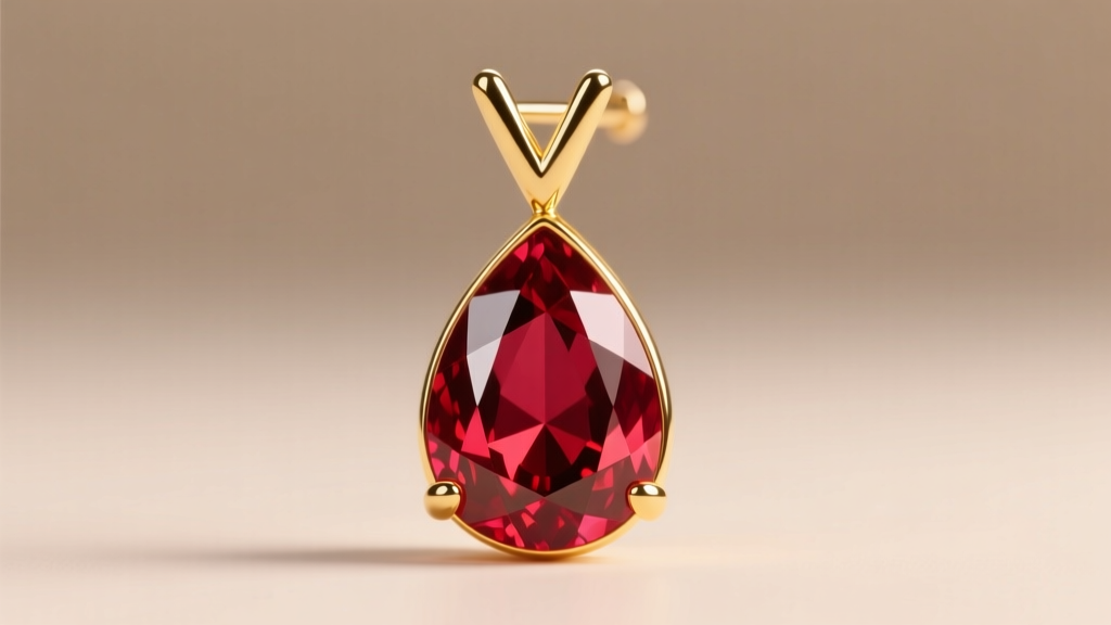 Macro photo of a 2-carat pigeon blood ruby pear-cut teardrop earring set in 18k yellow gold with a protective V-prong at the apex.