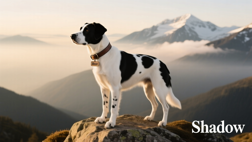 A confident black and white dog standing proudly against a mountainous backdrop
