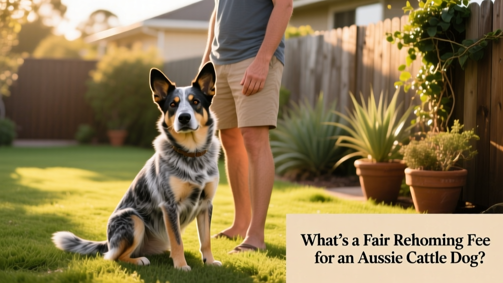 Australian Cattle Dog sitting attentively beside its owner in a sunny backyard