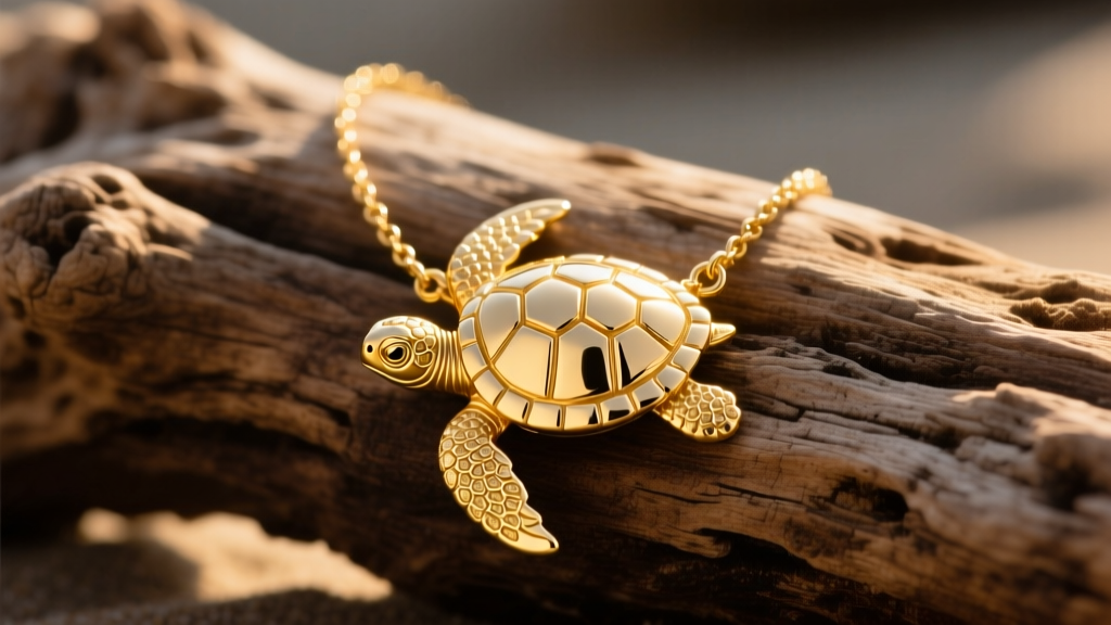 Close-up of a 14k yellow gold sea turtle necklace resting on driftwood with soft sunlight highlighting the carved shell details.