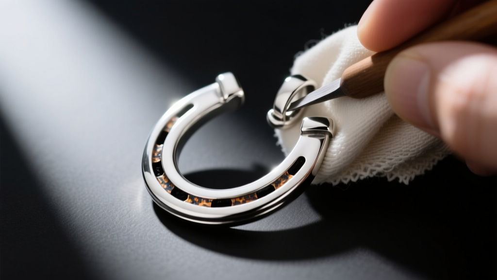 Polishing a sterling silver horseshoe pendant with a cloth, showing contrast between bright highlights and dark oxidized crevices.