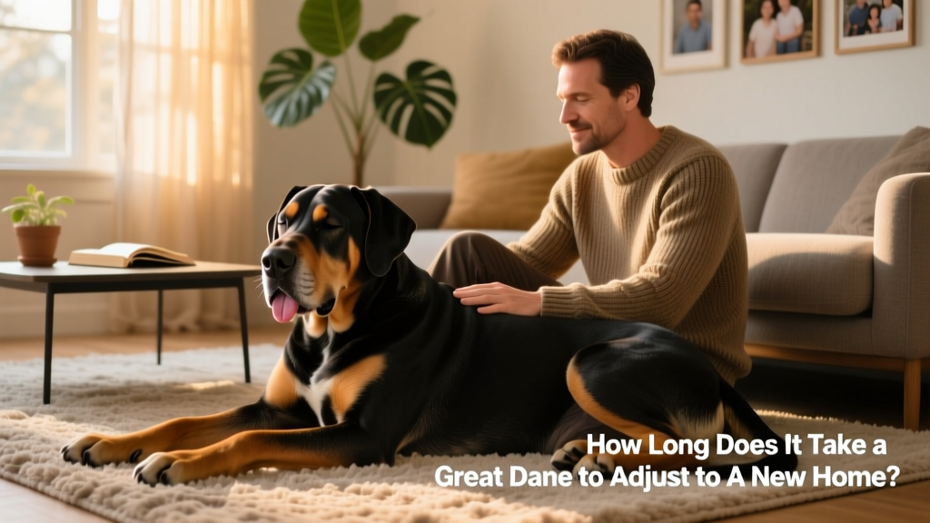 A relaxed Great Dane lying contentedly beside their owner on a living room rug, head resting gently on the person's knee