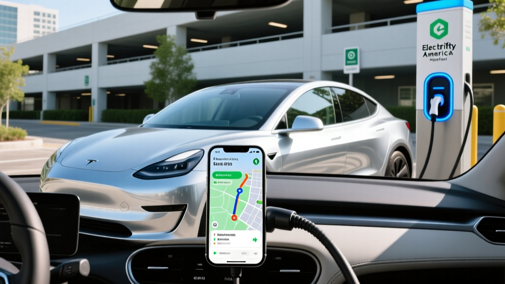 Electric vehicle plugged into an Electrify America Hyperfast charger with the route summary visible on the driver phone