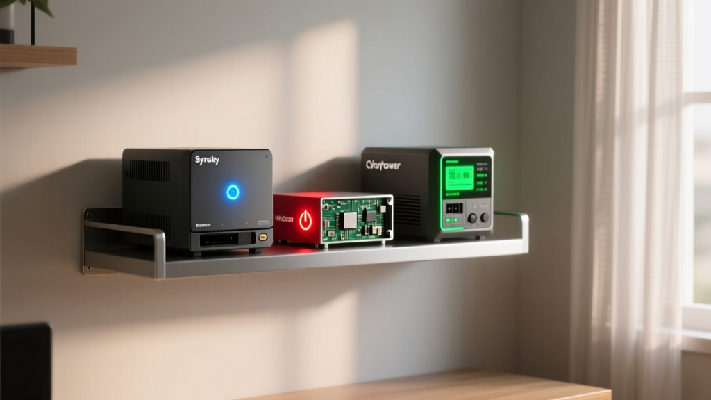 A dimly lit, organized home lab rack featuring a Synology NAS, a Minisforum server, and a CyberPower UPS with glowing LED status indicators.