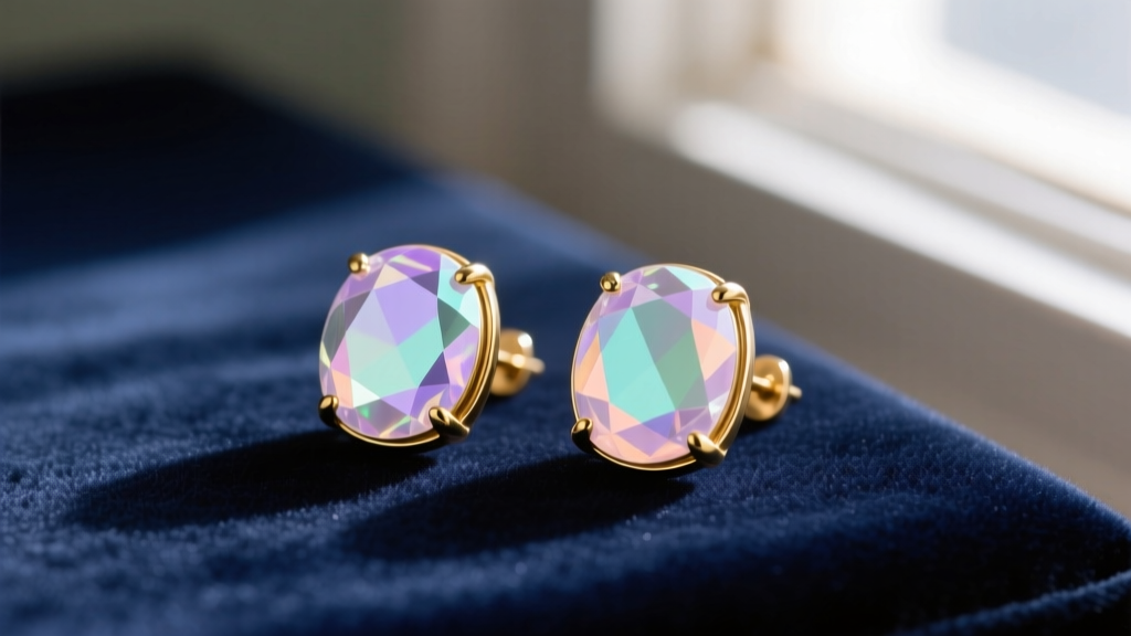 Close-up of vintage 1950s Hollycraft clip-on earrings with pastel aurora borealis rhinestones in gold-tone metal on dark velvet.