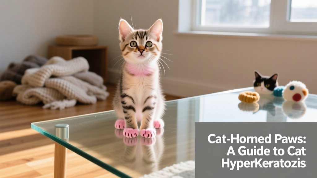 a kitten standing on a glass table, viewed from below to show its pink toe beans and paw pads