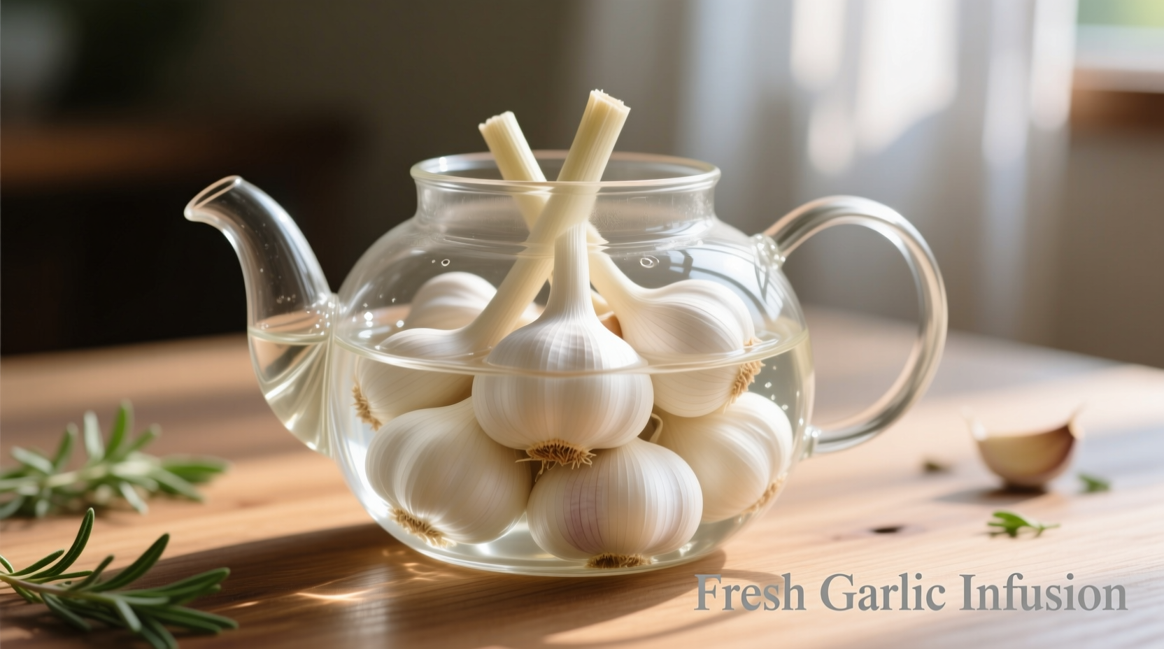 Fresh garlic cloves steeping in clear glass teapot