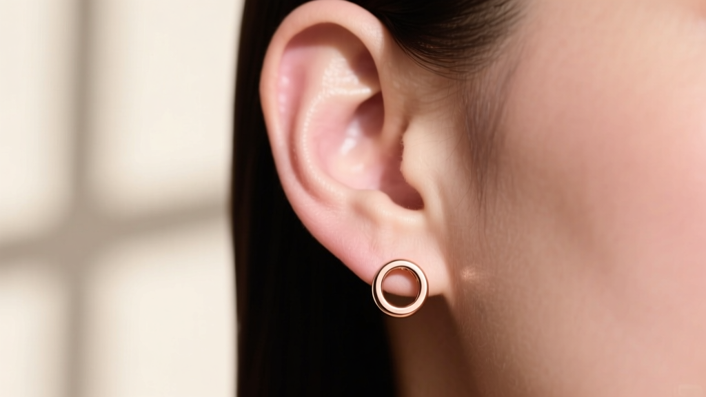 Close-up of an earlobe wearing a lightweight hollow 8mm rose gold button earring, showing perfect balance without lobe drooping.