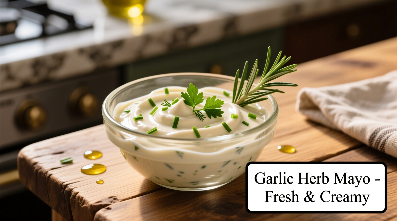 Creamy garlic mayonnaise in glass bowl with fresh herbs