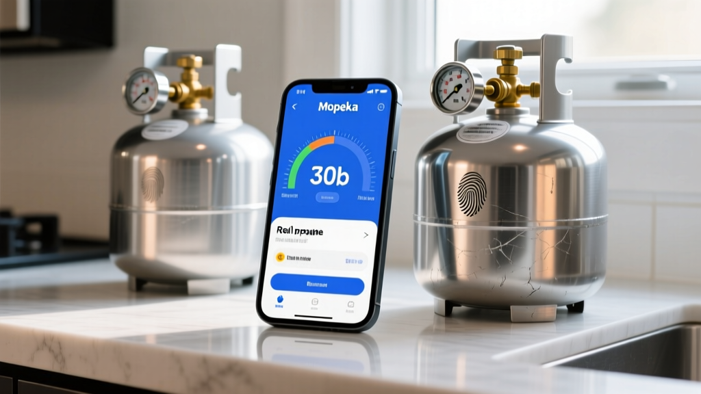 Close-up of a smartphone displaying the Mopeka app showing propane levels next to a dual 30lb RV propane tank setup.