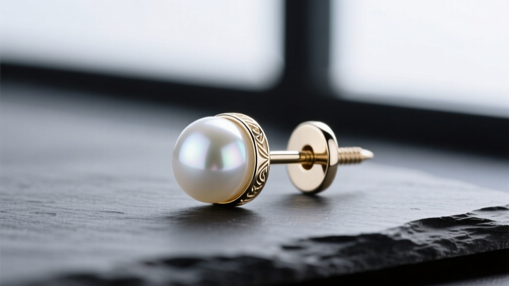 Macro shot of an 18-karat white gold screw-back earring post holding a round 7mm white Akoya pearl on a polished dark slate surface