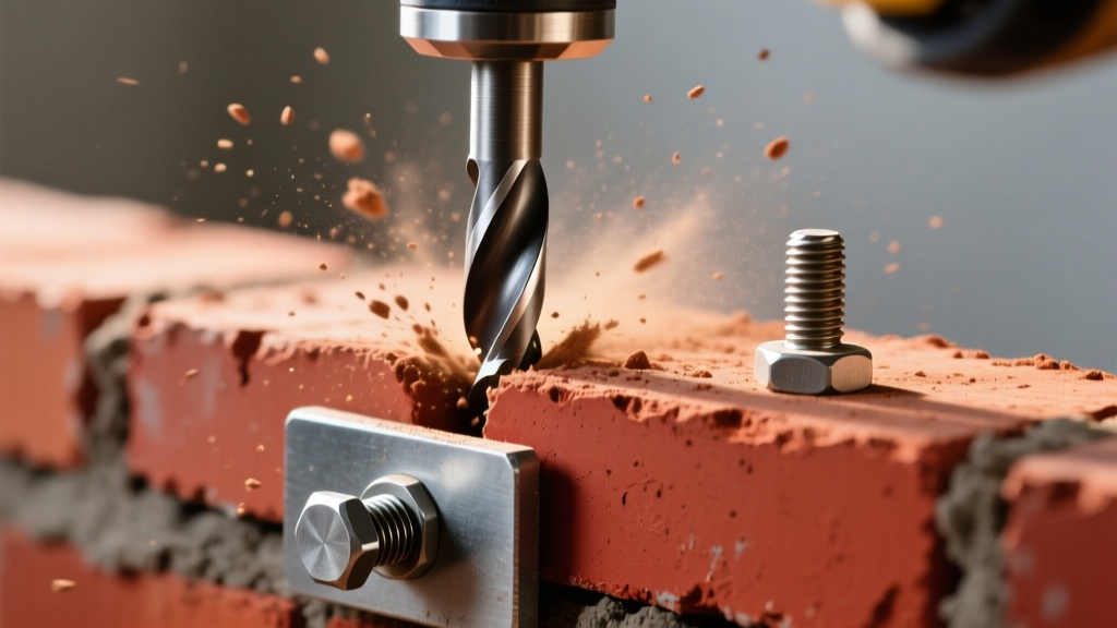 Close-up of a carbide masonry drill bit penetrating a red clay brick mortar joint while securing a steel bracket with a hex-head anchor
