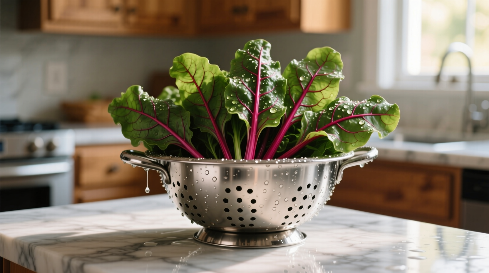 Fresh beet greens in colander after washing