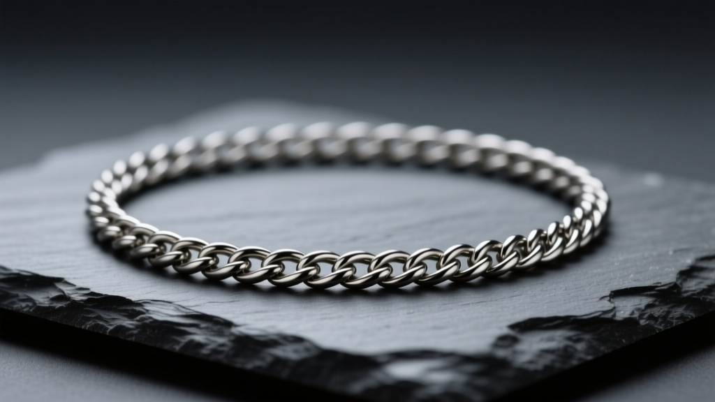 Close-up of a 3mm brushed titanium rope chain necklace resting on dark slate, illuminated by soft directional studio lighting.