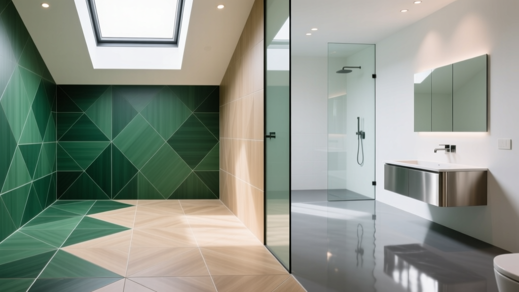 Split-view commercial wet room showing interlocking rigid core waterproof vinyl material on the left and seamless gray epoxy flooring on the right