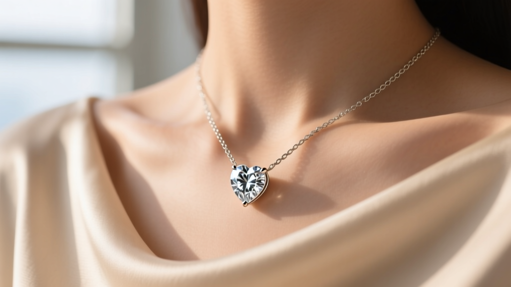 Close-up of a one-carat heart cut diamond necklace in a sleek bezel setting resting on a collarbone against soft beige silk.