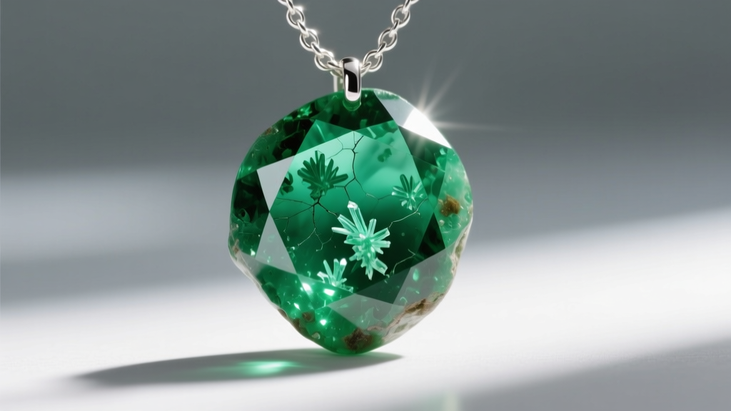 Macro shot of a raw Zambian emerald on a silver chain, revealing green inclusions in sharp focus under bright natural daylight.