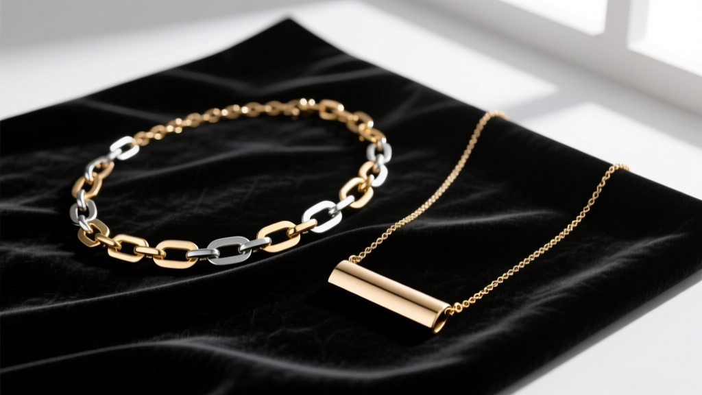 Flat lay of two asymmetrical necklaces on black velvet, one with mismatched chain links and the other an off-center bar pendant.