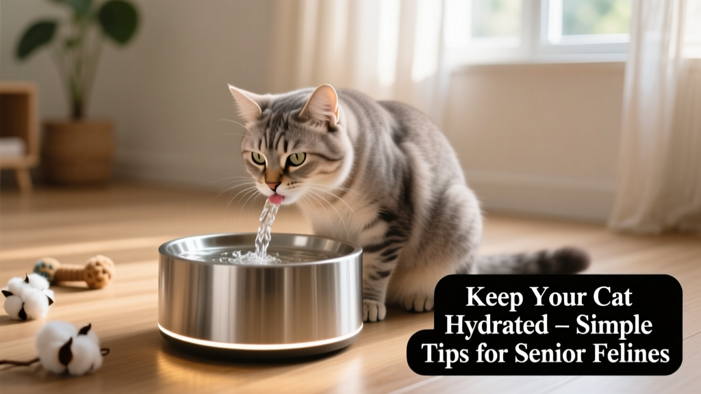 Senior cat drinking from a quiet, LED-lit stainless-steel water fountain