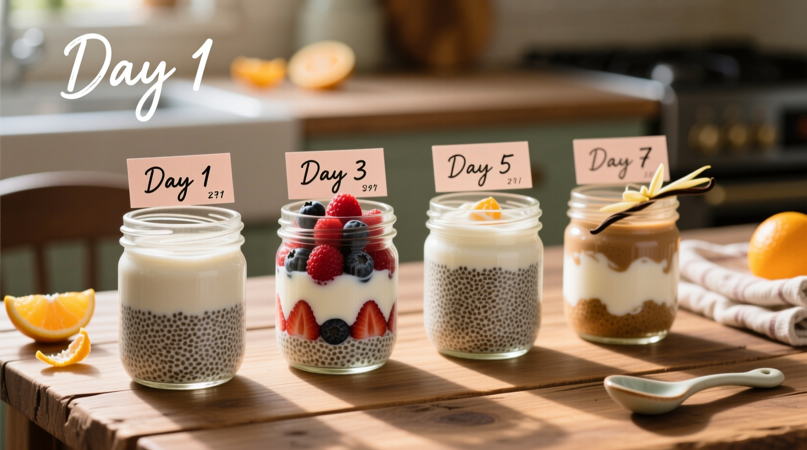 Chia seed pudding in glass jars with freshness timeline